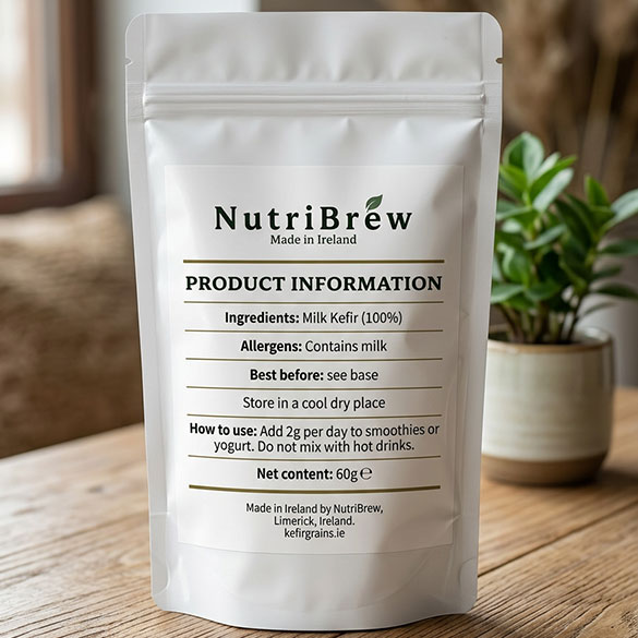 Daily Kefir concentrate back label showing ingredients, allergens and how to use, made in Ireland by NutriBrew
