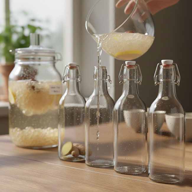Bottling-homemade-water-kefir-into-glass-swing-top-bottles-for-carbonation.