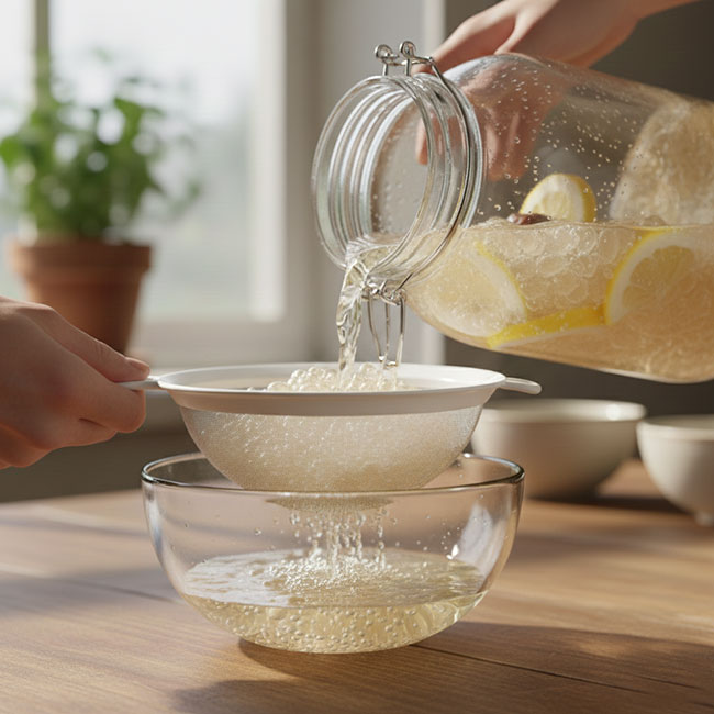 Harvesting-water-kefir-grains-with-a-plastic-mesh-sieve-after-the-first-fermentation