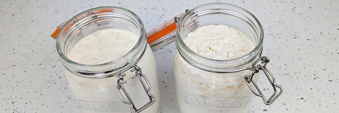 Two open jars of homemade milk kefir, 24 hour ferment on the left, 48 hour ferment on the right