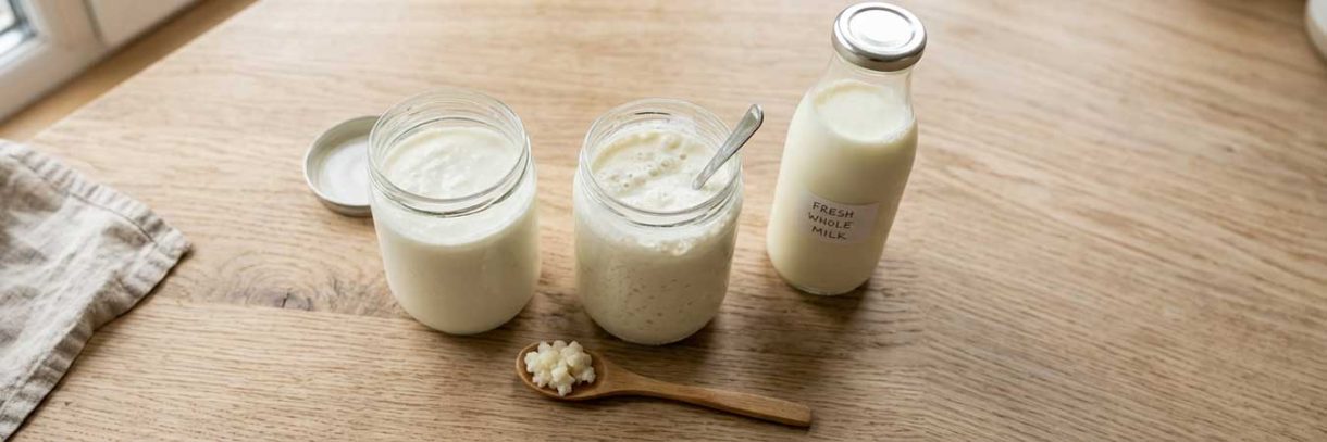 Two glass jars of homemade milk kefir with fresh kefir grains on a wooden spoon