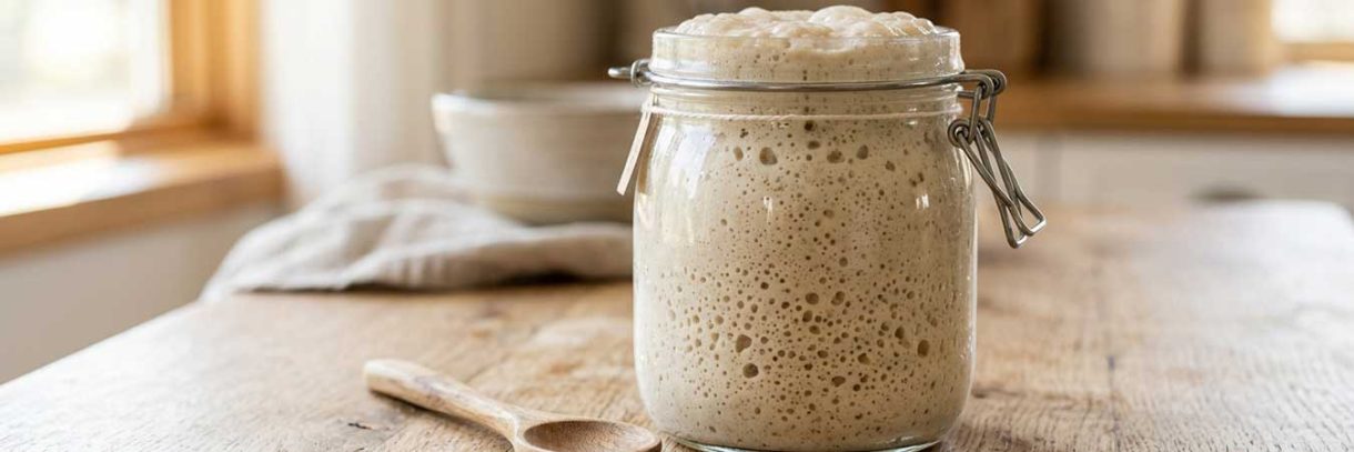 Active bubbly sourdough starter in a glass jar ready to bake with