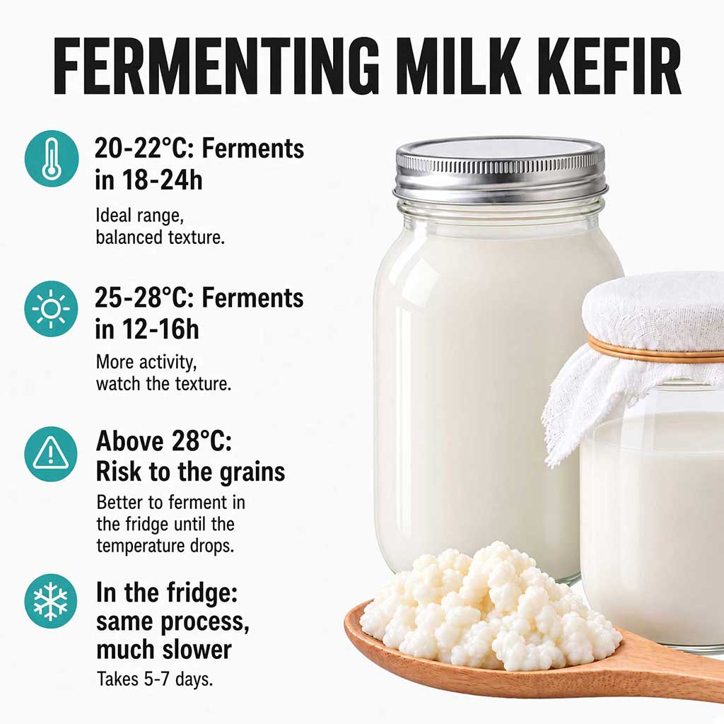 Milk kefir fermentation temperature guide: ideal range, warm weather, and fridge fermenting times